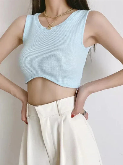 Summer Arrival Women Causal Solid Color Knit O-Neck Streetwear Schoolwear Tank top