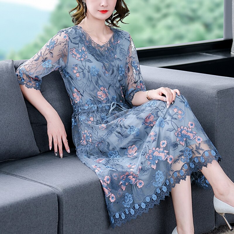 V Neck Elbow Sleeve Floral Embroidered Mesh Tie Waist Tiered Midi Dress