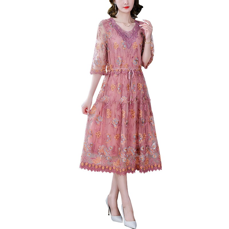 V Neck Elbow Sleeve Floral Embroidered Mesh Tie Waist Tiered Midi Dress