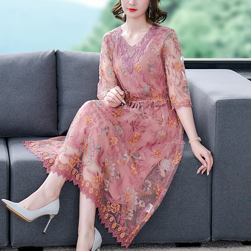 V Neck Elbow Sleeve Floral Embroidered Mesh Tie Waist Tiered Midi Dress