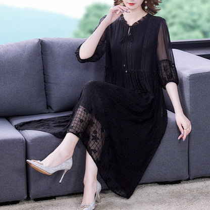 Notched Neck Tie Front Sheer Pleated Sleeve Floral Embroidered Midi Dress