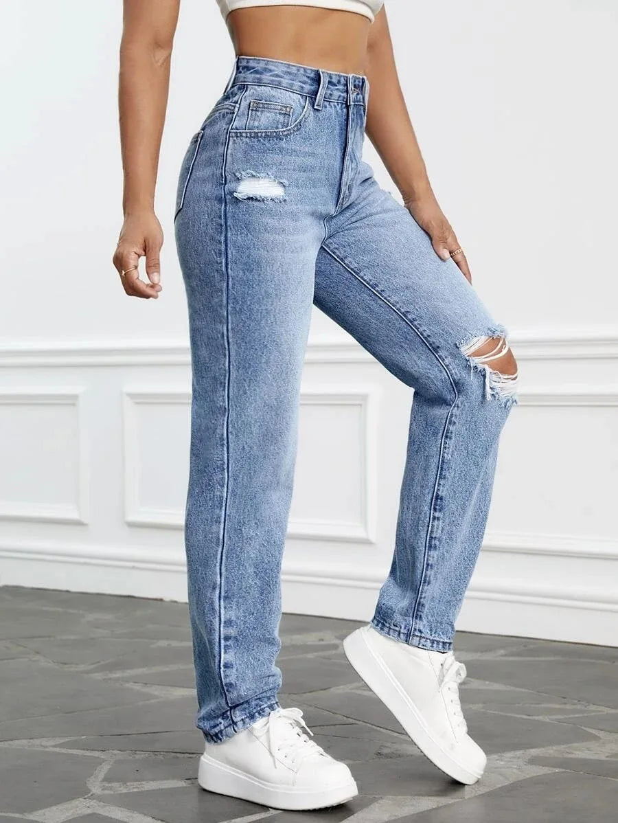 Women Casual Fashion High Streetwear Ripped Holes Denim Pants Female Vintage Trousers Jean