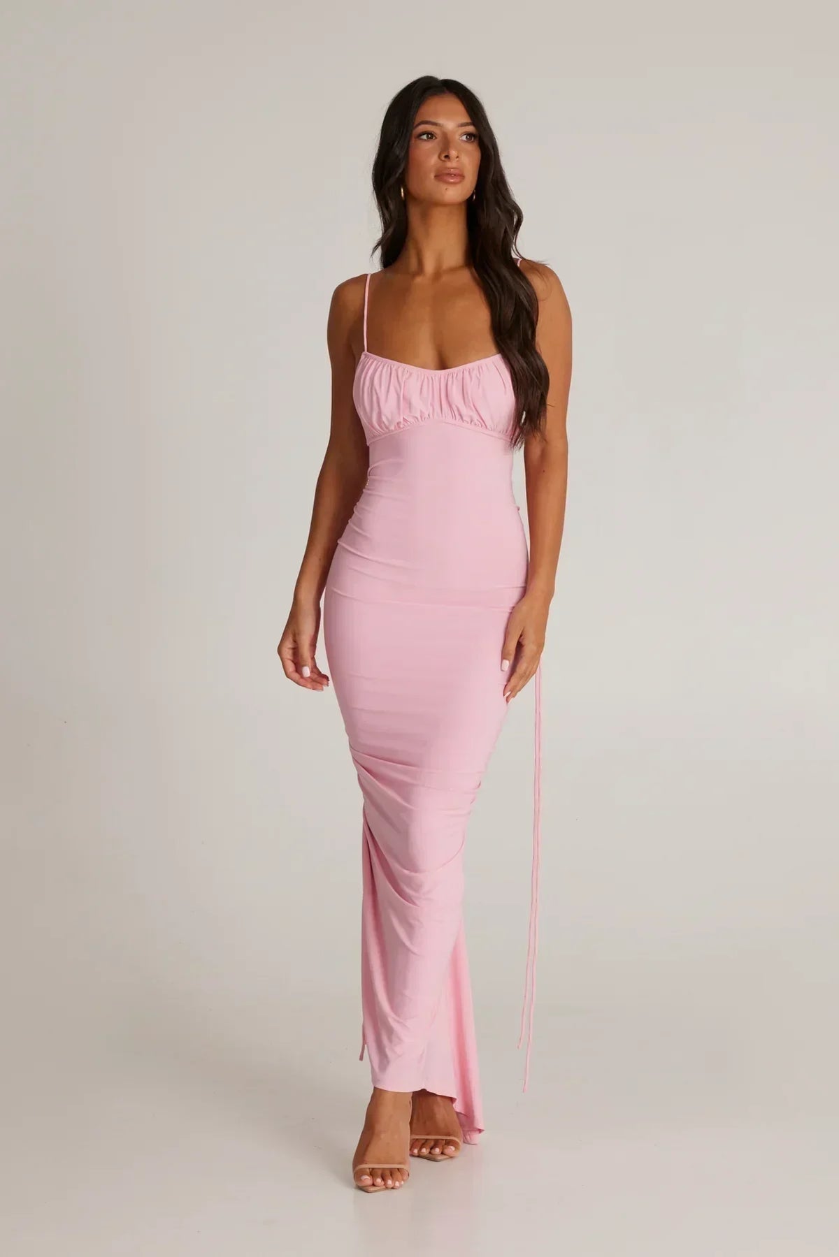 Tie Shoulder Deep V Back Ruched Bodycon Maxi Dress