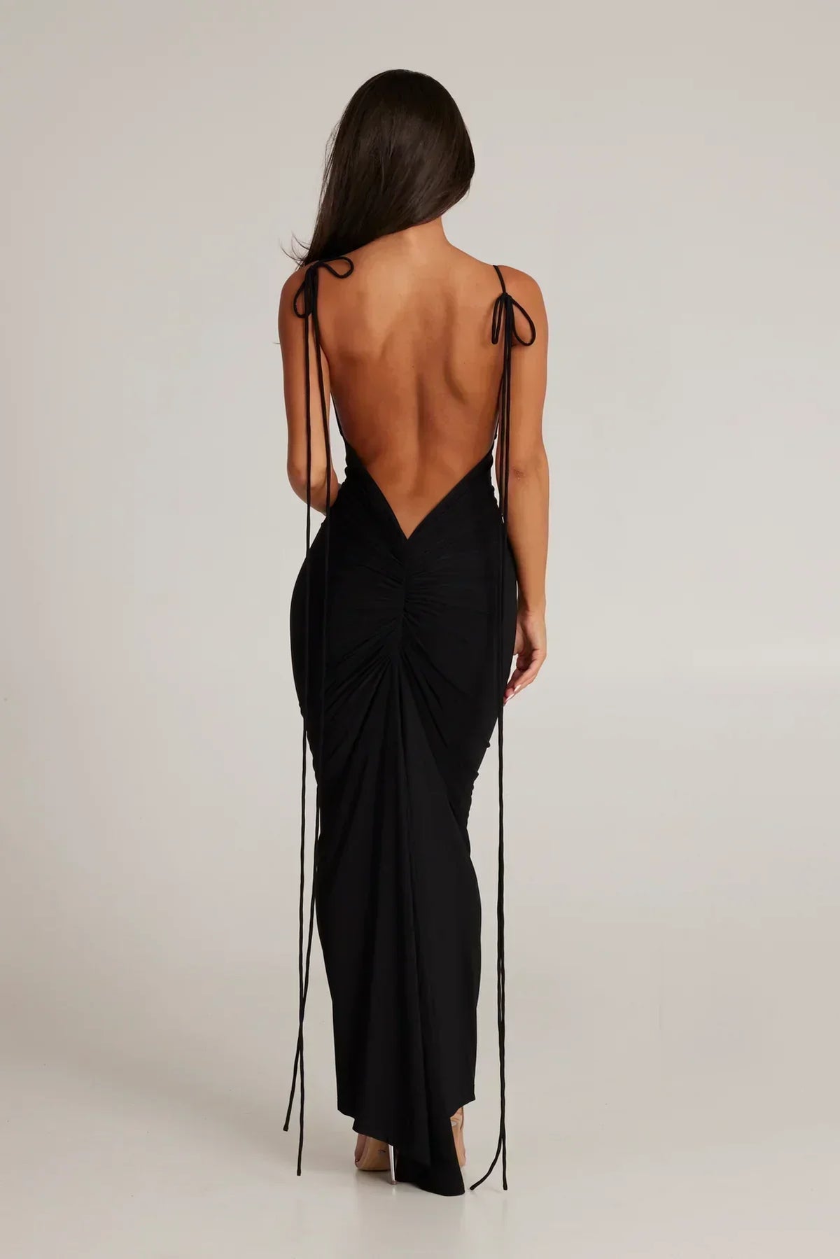 Tie Shoulder Deep V Back Ruched Bodycon Maxi Dress