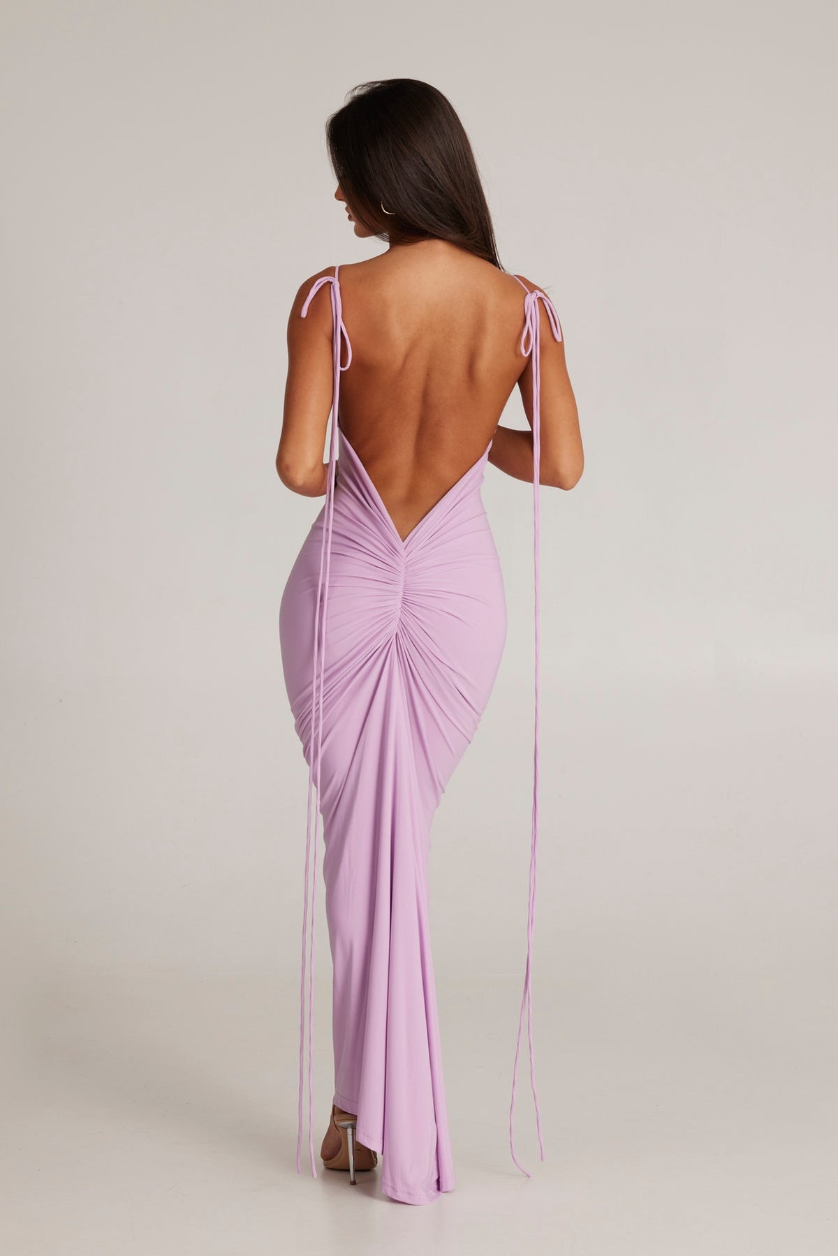 Tie Shoulder Deep V Back Ruched Bodycon Maxi Dress