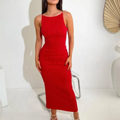 Women Long Ruched Sleeveless Slim Solid Summer Party Back Split Clubwear Female Maxi Dress