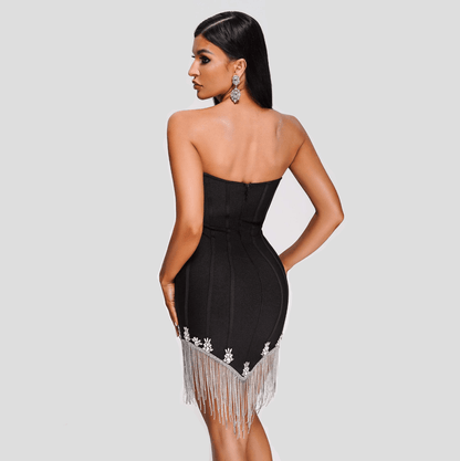Sweetheart Crystal Trim Fringe Hem Mini Dress