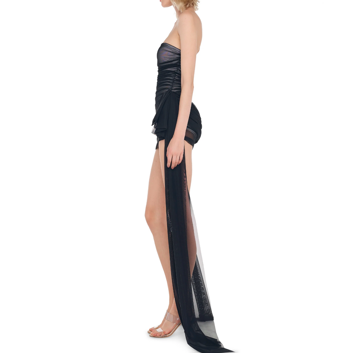 One Shoulder Draped Ruched Satin Mini Dress