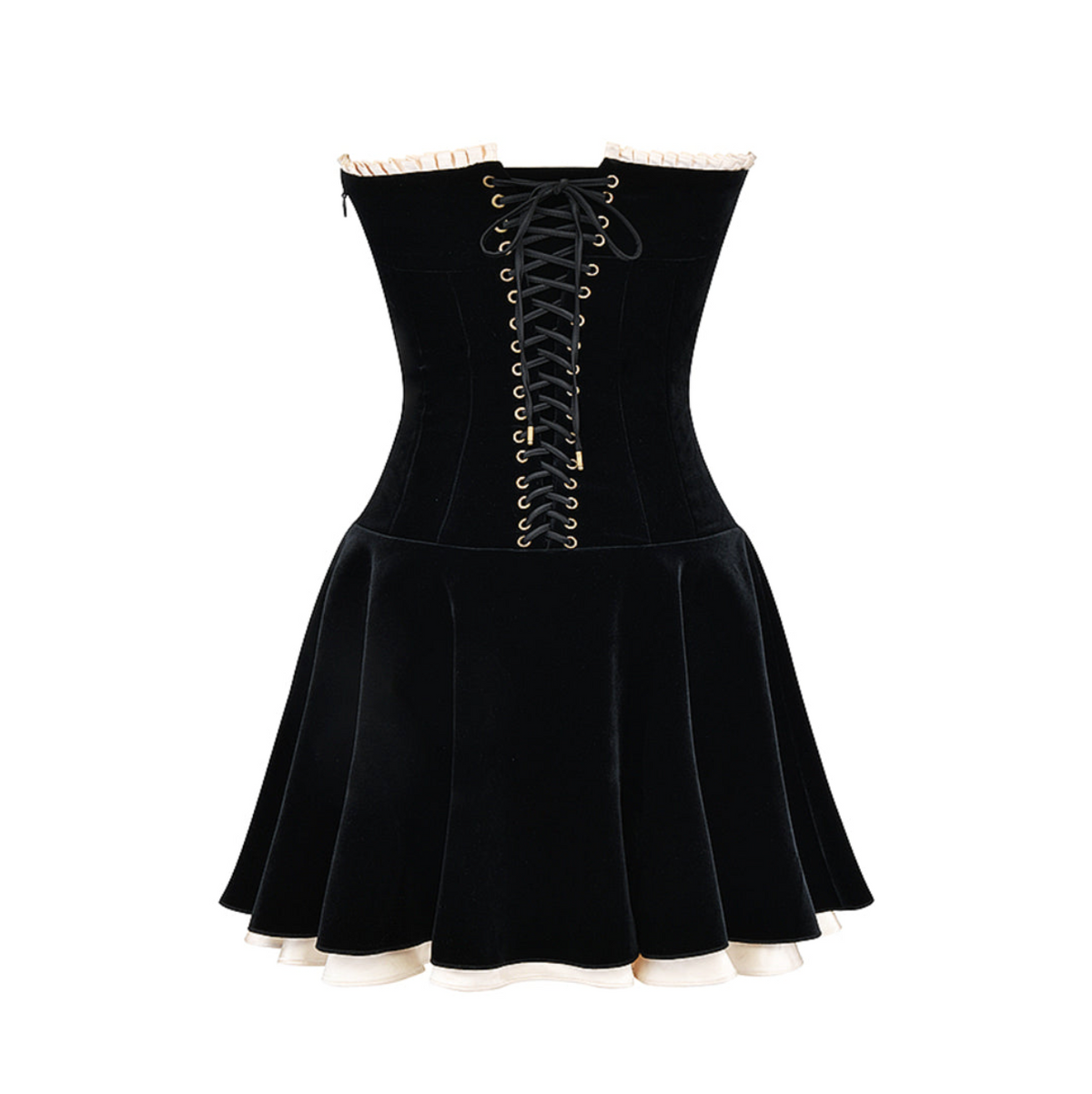 Strapless Beaded Trim Pleated Velvet Tiered Ruffle Mini Dress