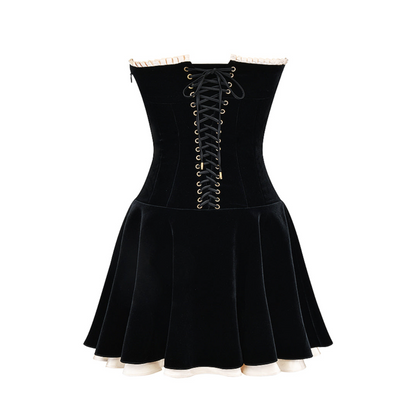 Strapless Beaded Trim Pleated Velvet Tiered Ruffle Mini Dress