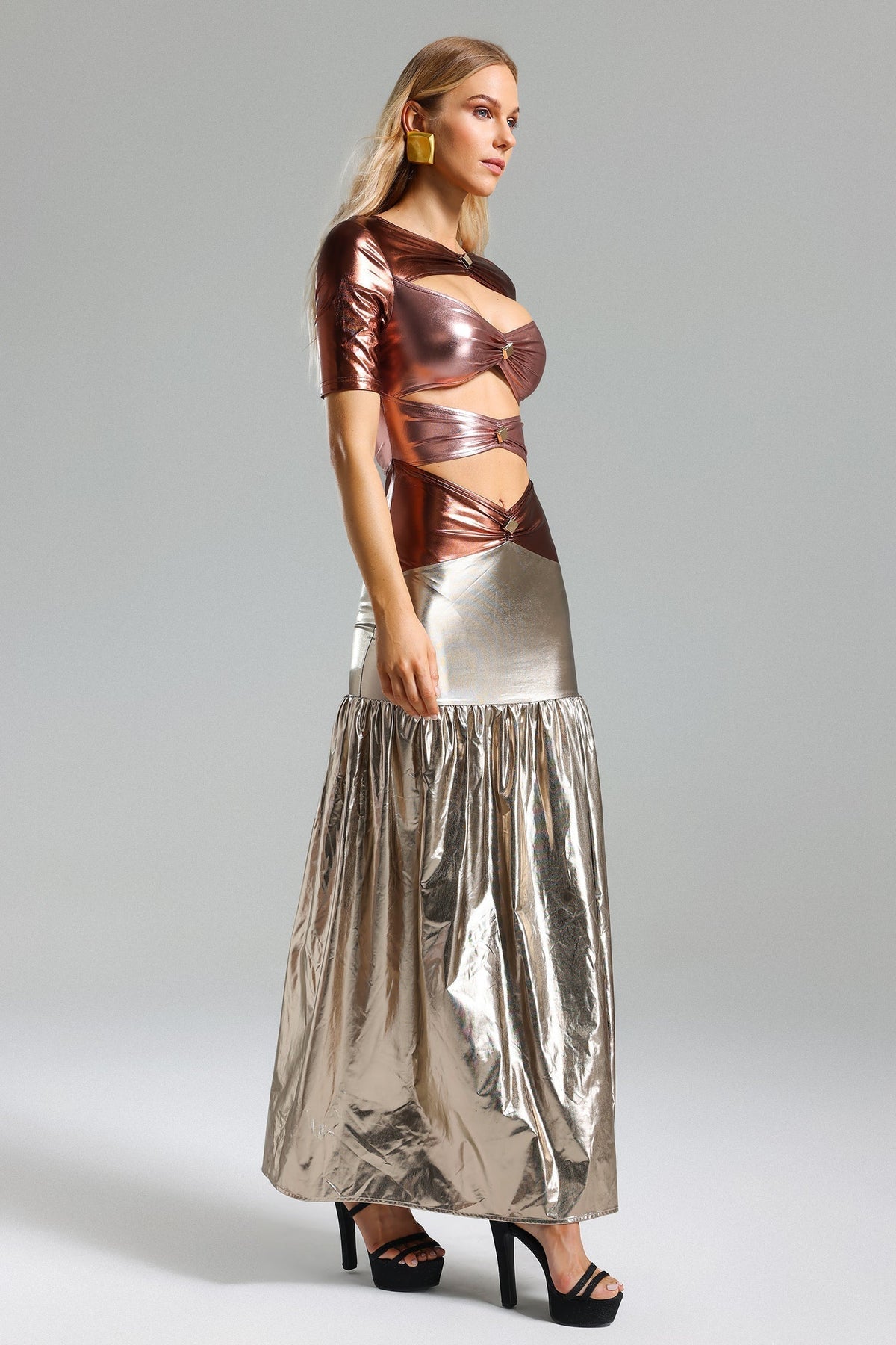 Short Sleeve Ruched Buckle Cutout Metallic Mermaid Maxi Dress