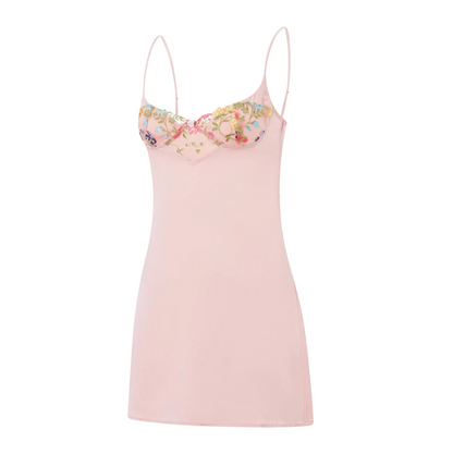 Sweetheart Neck Floral Embroidered Mesh Cup Satin Mini Dress