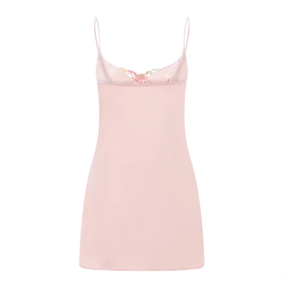 Sweetheart Neck Floral Embroidered Mesh Cup Satin Mini Dress