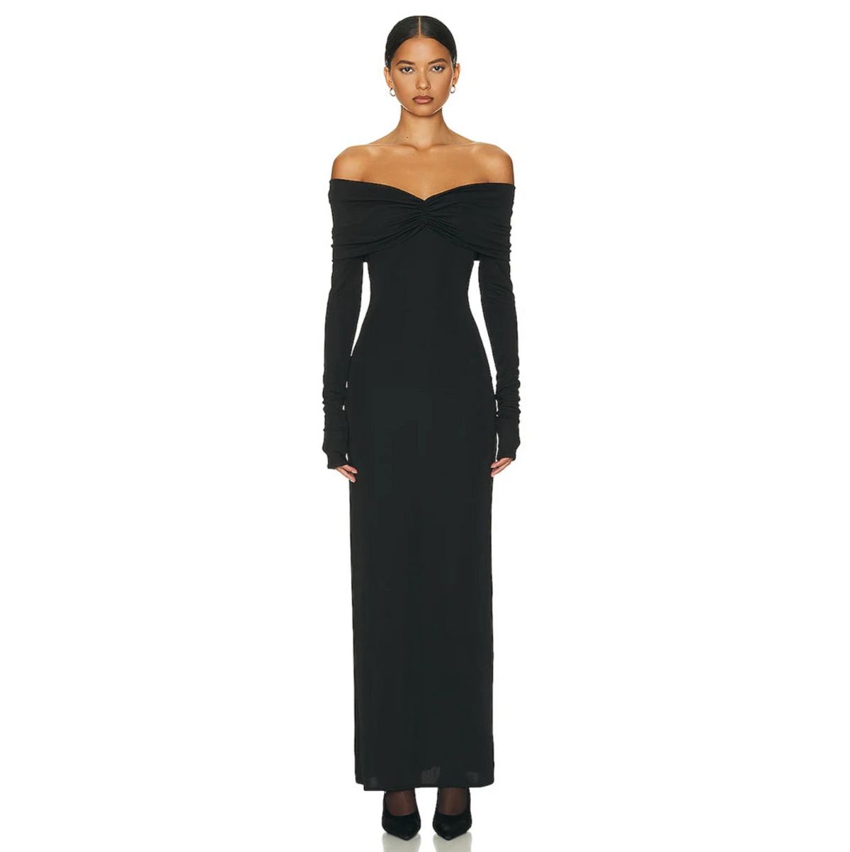 Off Shoulder Twisted Knot Long Sleeve Bodycon Maxi Gown