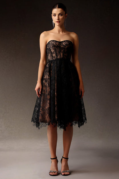 Strapless Lace Corset Sweetheart Scalloped Hem Midi Dress