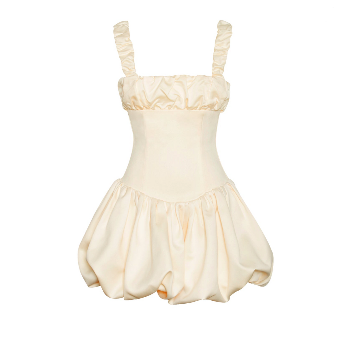 Square Neck Ruched Strap Satin Bubble Hem Corset Mini Dress