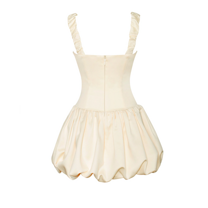 Square Neck Ruched Strap Satin Bubble Hem Corset Mini Dress