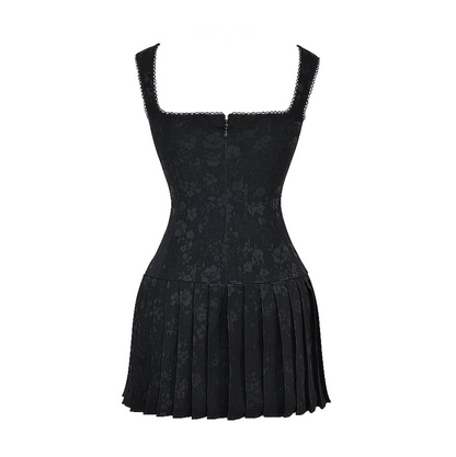Square Neck Lace Up Corset Pleated Skirt Mini Dress