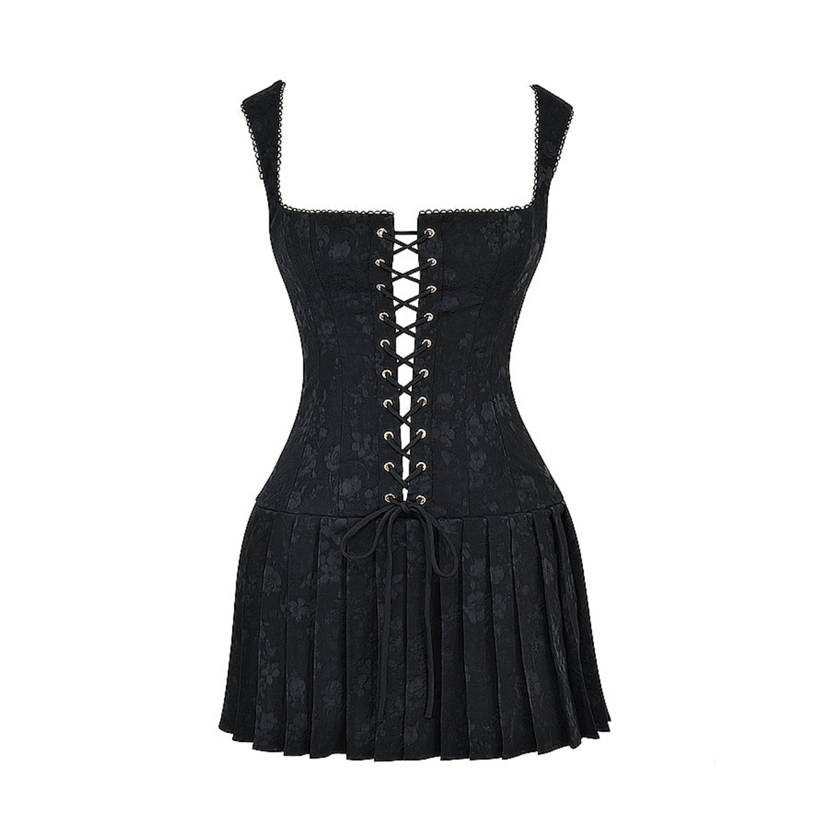 Square Neck Lace Up Corset Pleated Skirt Mini Dress