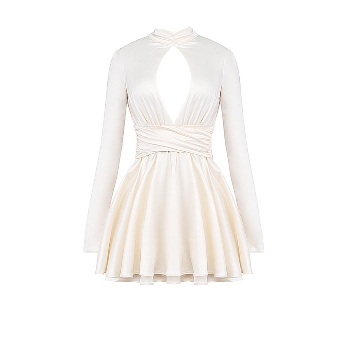 Mock Neck Keyhole Plunge Wrap Waist Balloon Sleeve Satin Skater Mini Dress