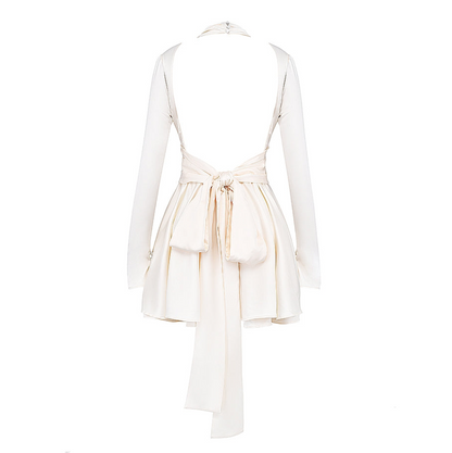 Mock Neck Keyhole Plunge Wrap Waist Balloon Sleeve Satin Skater Mini Dress