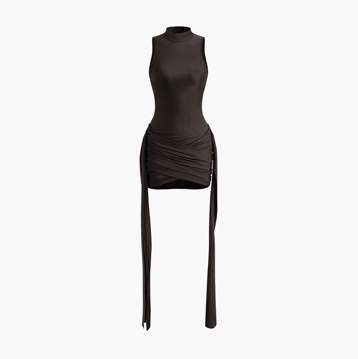 Mock Neck Sleeveless Draped Wrap Ruched Tie Panel Bodycon Mini Dress