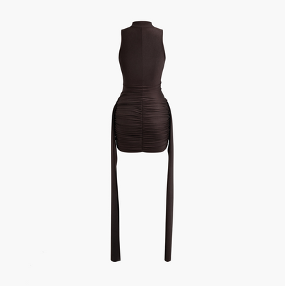 Mock Neck Sleeveless Draped Wrap Ruched Tie Panel Bodycon Mini Dress