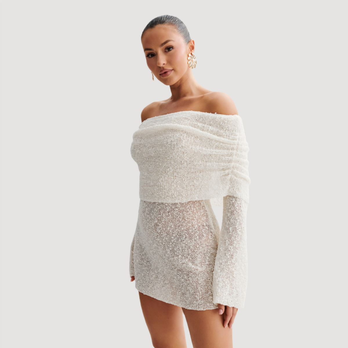 Off Shoulder Ruched Collar Boucle Knit Long Sleeve Mini Dress