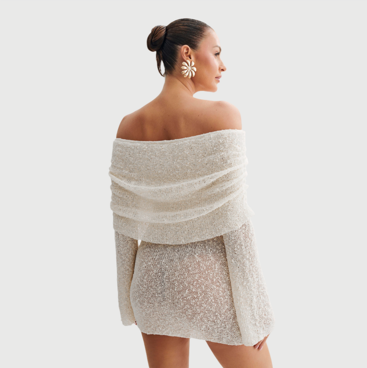 Off Shoulder Ruched Collar Boucle Knit Long Sleeve Mini Dress