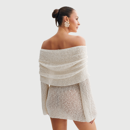 Off Shoulder Ruched Collar Boucle Knit Long Sleeve Mini Dress