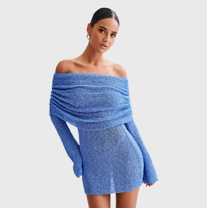 Off Shoulder Ruched Collar Boucle Knit Long Sleeve Mini Dress