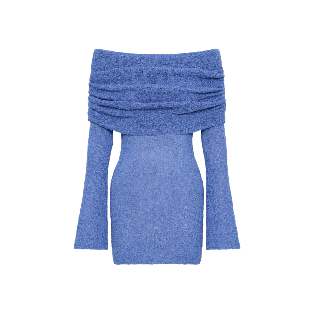 Off Shoulder Ruched Collar Boucle Knit Long Sleeve Mini Dress