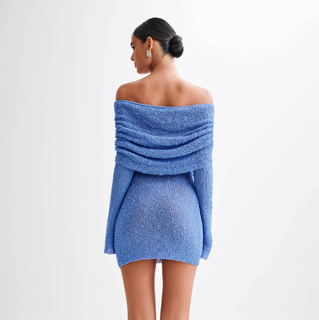 Off Shoulder Ruched Collar Boucle Knit Long Sleeve Mini Dress