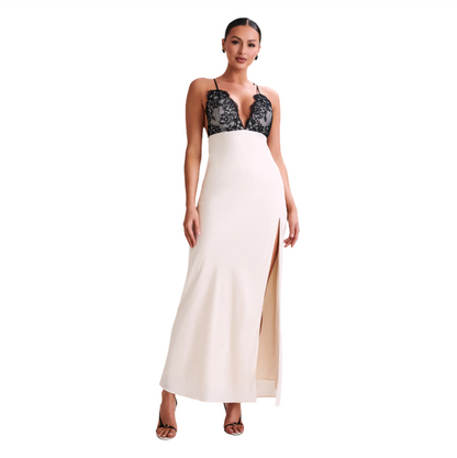 Spaghetti Strap Lace Trim Satin Slip Maxi Dress