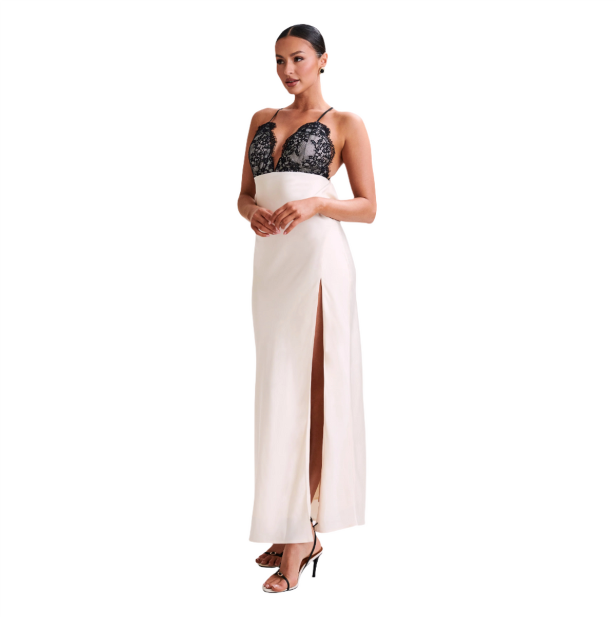 Spaghetti Strap Lace Trim Satin Slip Maxi Dress