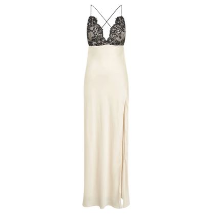 Spaghetti Strap Lace Trim Satin Slip Maxi Dress