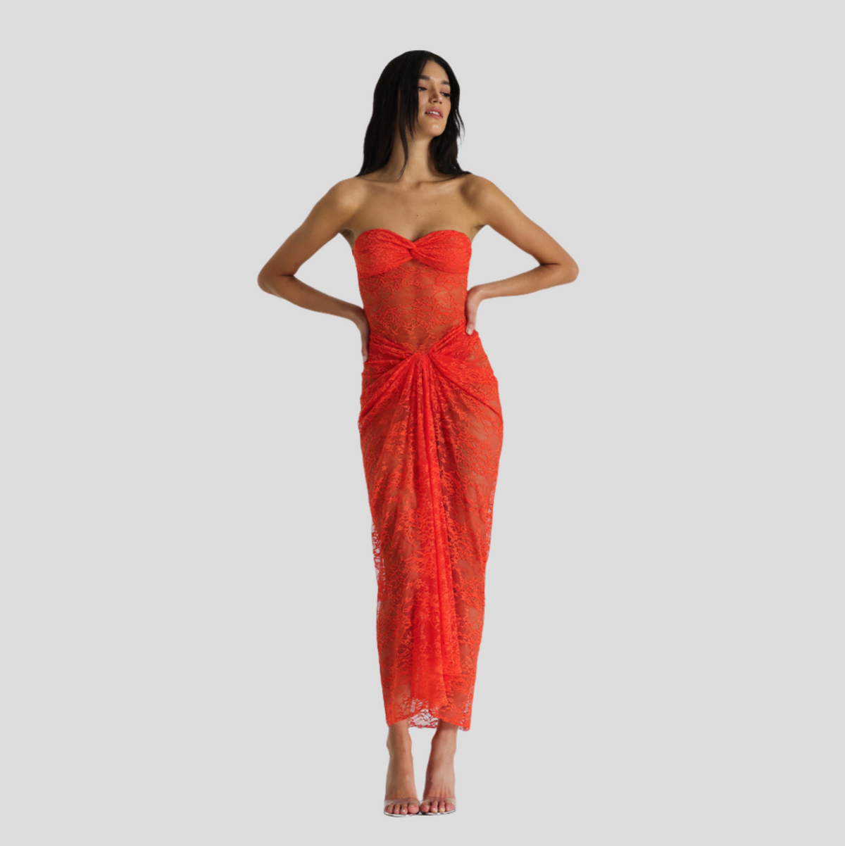 Strapless Sweetheart Floral Lace Sheer Panel Maxi Dress