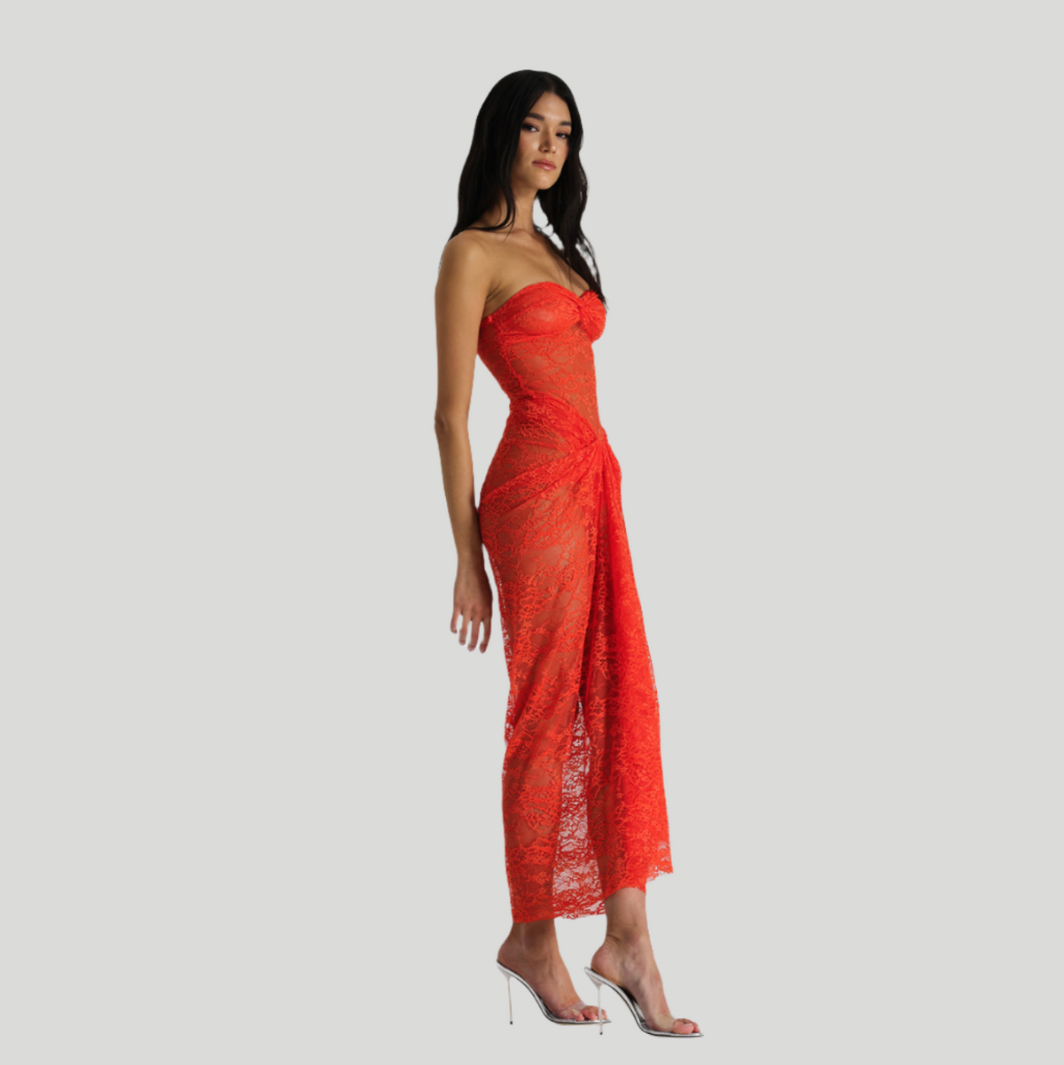 Strapless Sweetheart Floral Lace Sheer Panel Maxi Dress