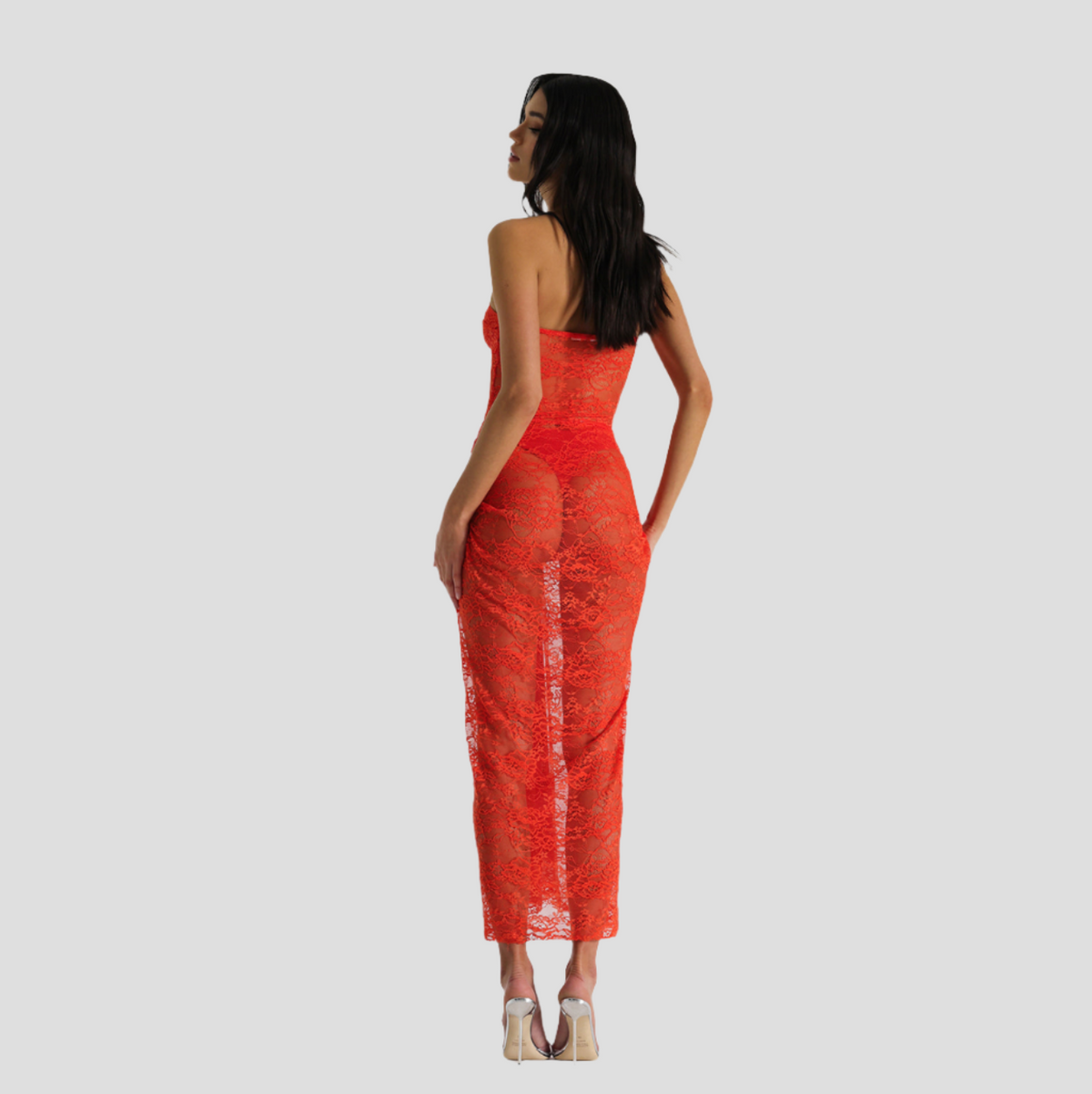 Strapless Sweetheart Floral Lace Sheer Panel Maxi Dress