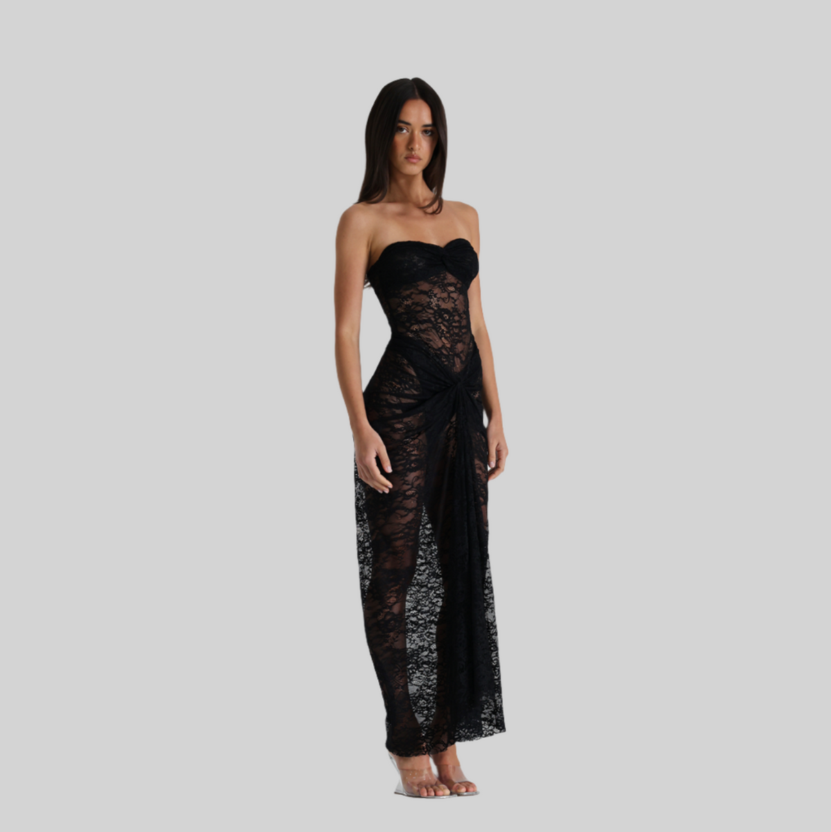 Strapless Sweetheart Floral Lace Sheer Panel Maxi Dress