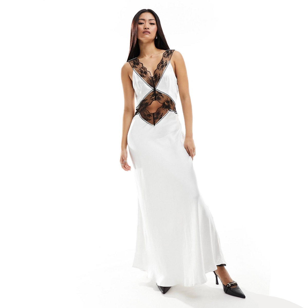 Deep V Neck Floral Lace Panel Sheer Waist Satin Slip Maxi Dress