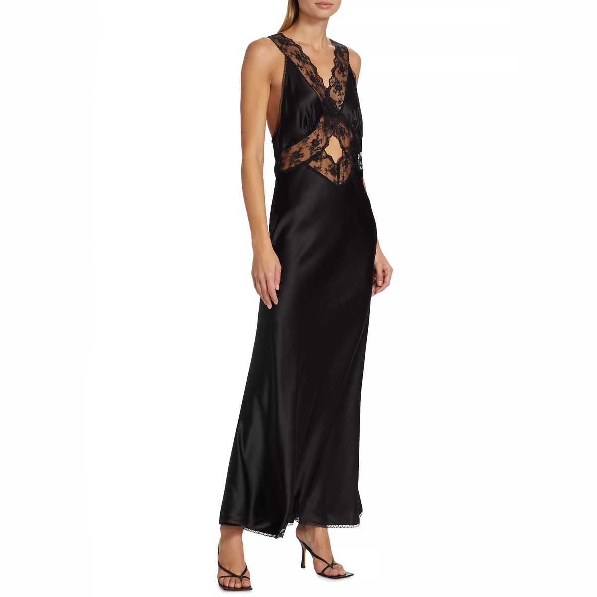 Lace Strap Deep V Floral Lace Underbust Panel Cutout Maxi Dress