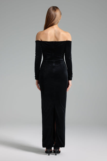 Off Shoulder Floral Velvet Long Sleeve Maxi Dress
