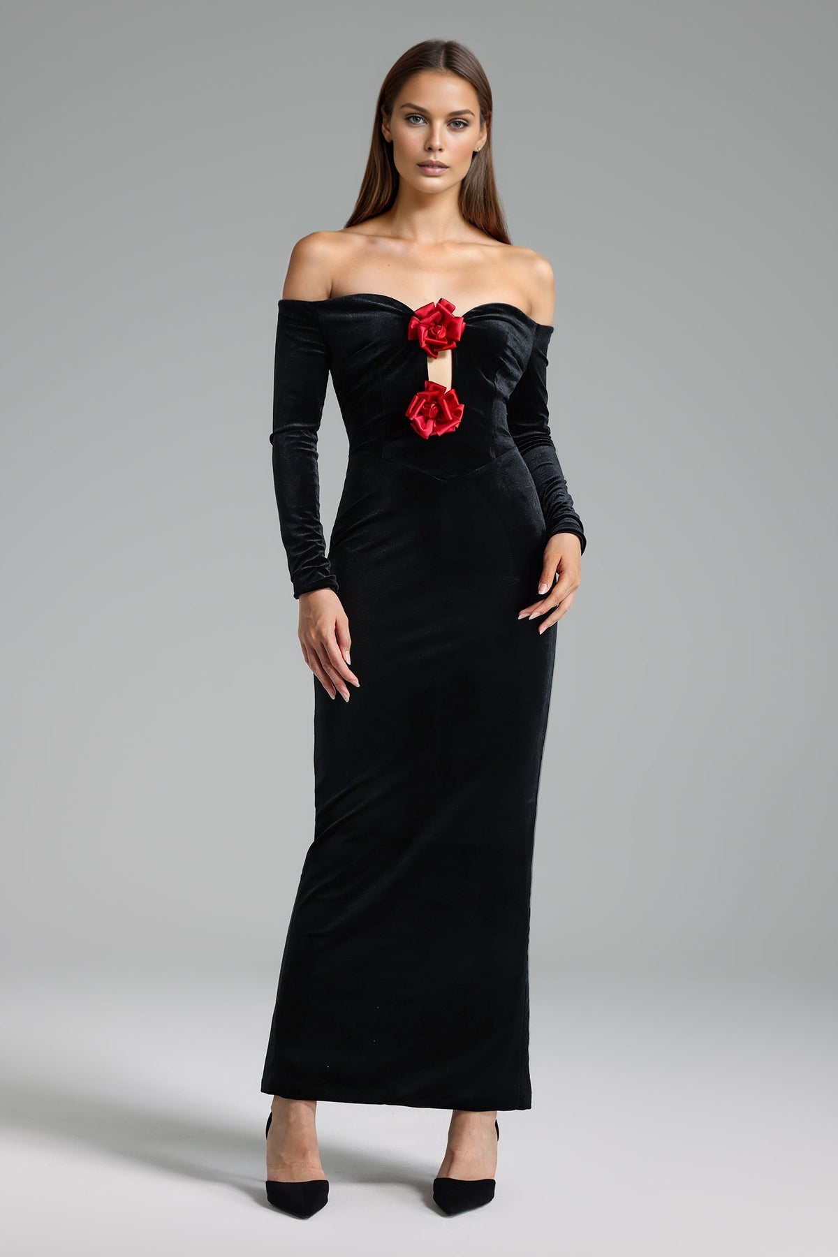 Off Shoulder Floral Velvet Long Sleeve Maxi Dress