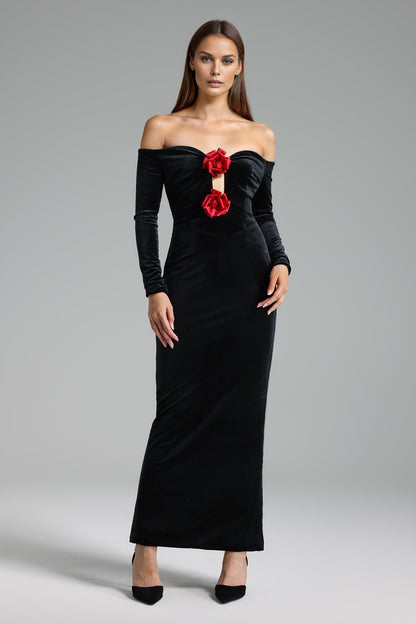 Off Shoulder Floral Velvet Long Sleeve Maxi Dress