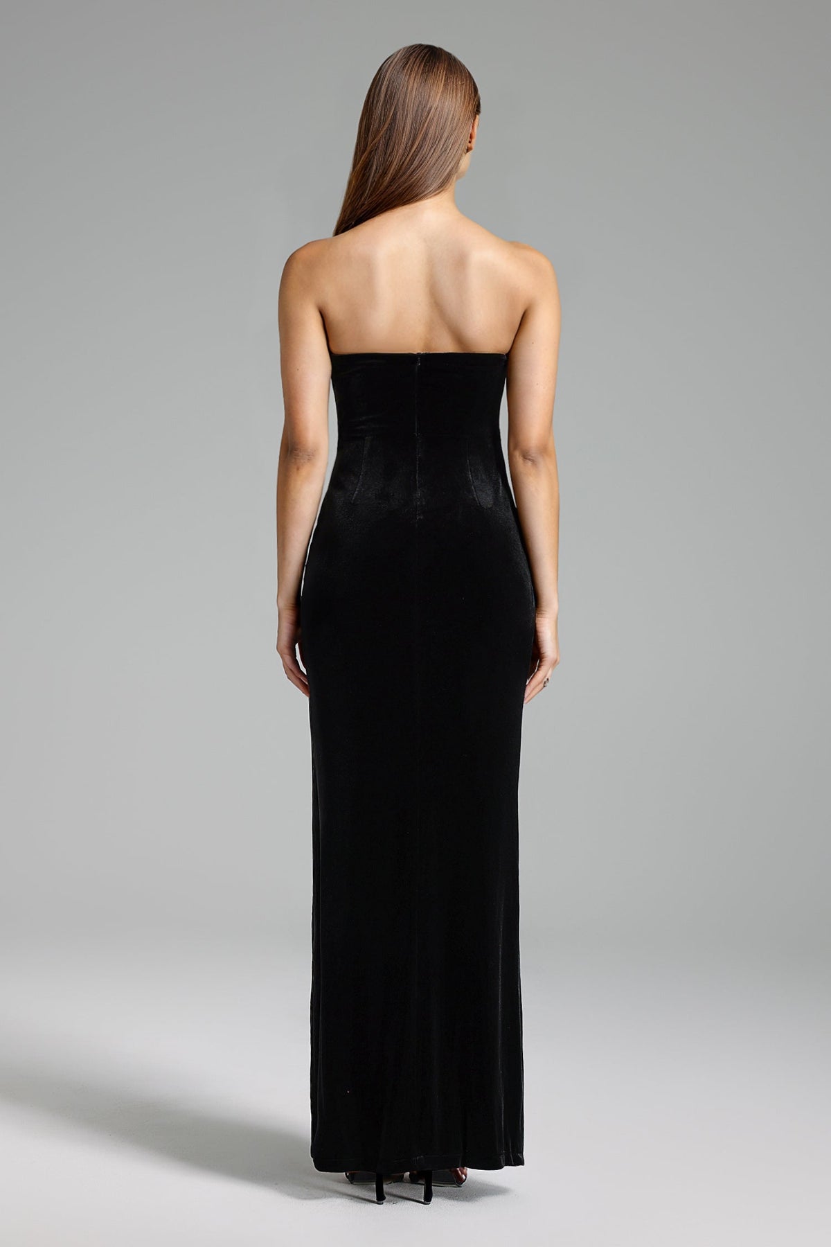Strapless Sweetheart Rhinestone Peak Trim Velvet High Slit Maxi Gown