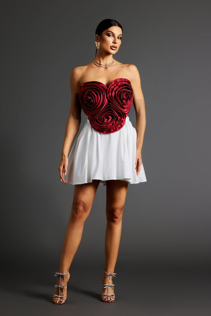 Strapless 3D Rosette Bodice Pleated A-Line Mini Dress
