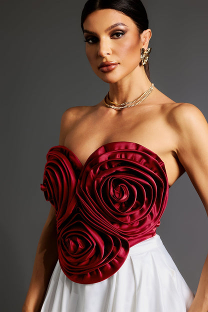 Strapless 3D Rosette Bodice Pleated A-Line Mini Dress