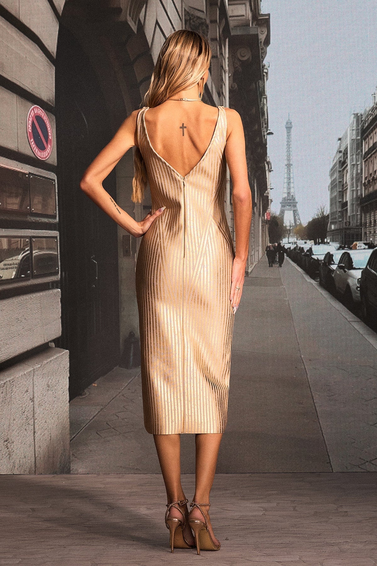 Spaghetti Strap Hardware Link Deep V Metallic Bandage Midi Dress