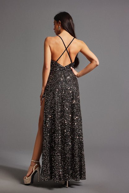 Halter Cowl Neck Sequin High Slit Column Maxi Dress